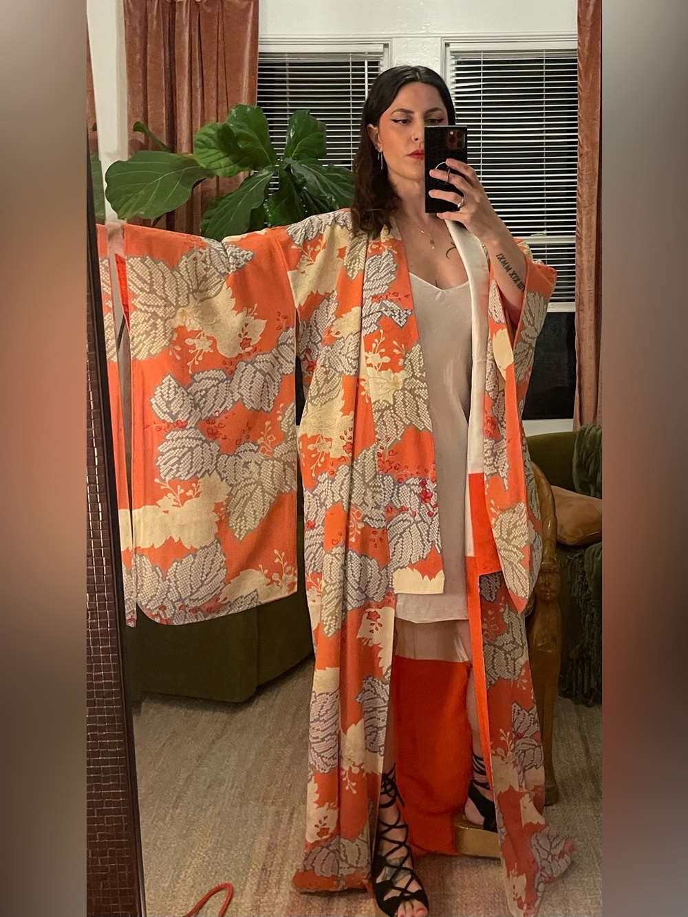 Vintage real crepe silk Japanese furisode kimono coral lavender floral flowers
